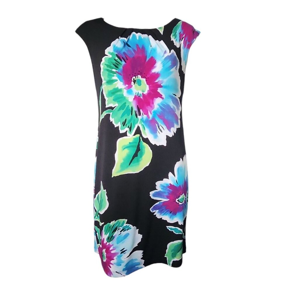 Studio by London Times Dress Womens‎ Size 8 Black Purple Floral Pullover Y2K 90s